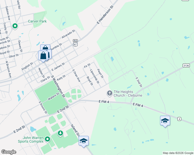 map of restaurants, bars, coffee shops, grocery stores, and more near 306 Lipscomb Street in Cleburne