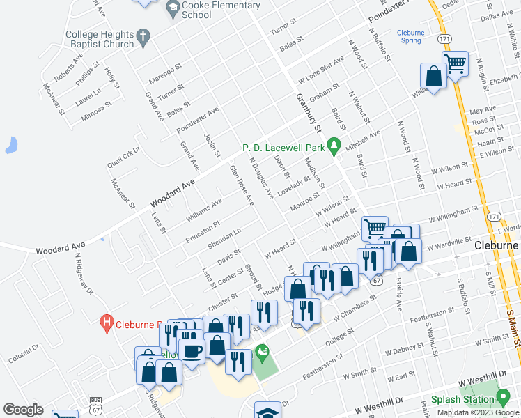 map of restaurants, bars, coffee shops, grocery stores, and more near 112 Glen Rose Avenue in Cleburne