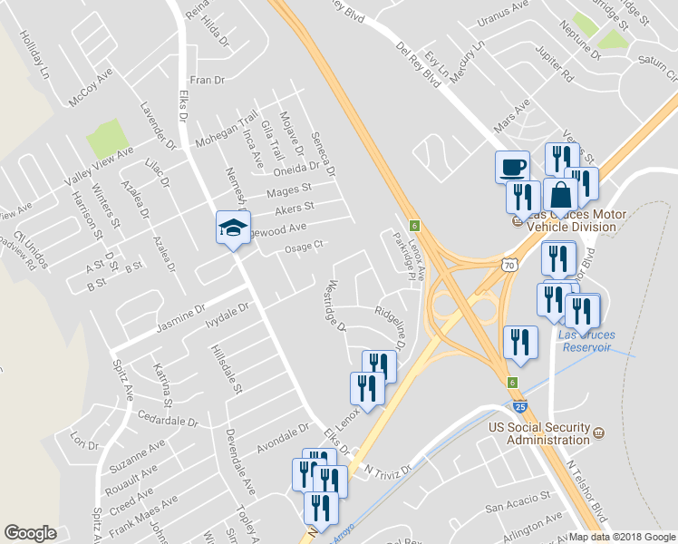 map of restaurants, bars, coffee shops, grocery stores, and more near 3406 Westridge Drive in Las Cruces