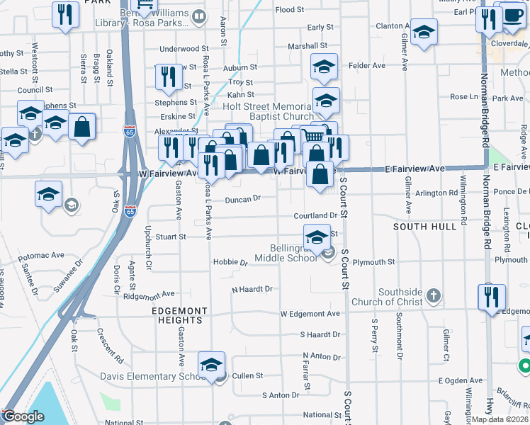 map of restaurants, bars, coffee shops, grocery stores, and more near 105 Courtland Drive in Montgomery