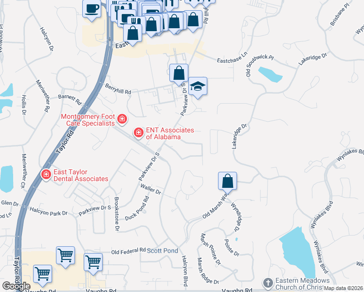 map of restaurants, bars, coffee shops, grocery stores, and more near 8211 Greyfield Drive in Montgomery