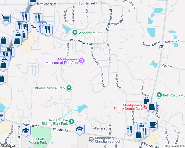 map of restaurants, bars, coffee shops, grocery stores, and more near 1828 Woodmere Loop in Montgomery