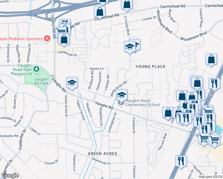 map of restaurants, bars, coffee shops, grocery stores, and more near 4342 White Acres Road in Montgomery