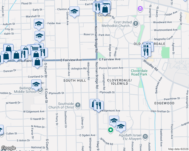 map of restaurants, bars, coffee shops, grocery stores, and more near 3173 Norman Bridge Road in Montgomery