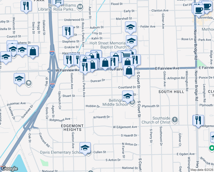 map of restaurants, bars, coffee shops, grocery stores, and more near 105 Courtland Drive in Montgomery