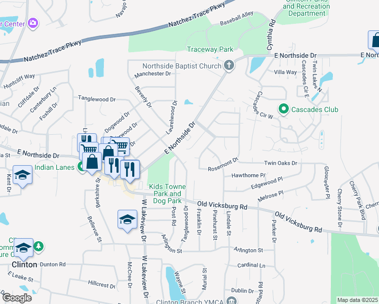 map of restaurants, bars, coffee shops, grocery stores, and more near 1023 Tanglewood Drive in Clinton