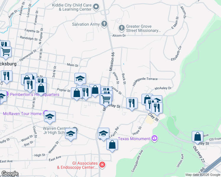 map of restaurants, bars, coffee shops, grocery stores, and more near 1200 Mission 66 in Vicksburg