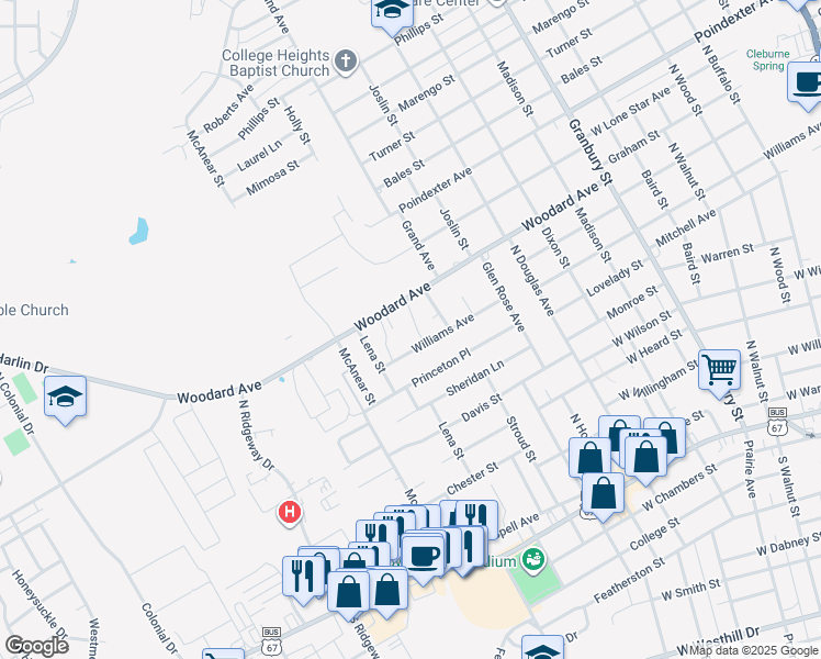 map of restaurants, bars, coffee shops, grocery stores, and more near 1113 Williams Avenue in Cleburne