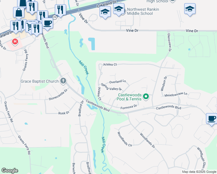 map of restaurants, bars, coffee shops, grocery stores, and more near 107 Spring Valley Drive in Brandon