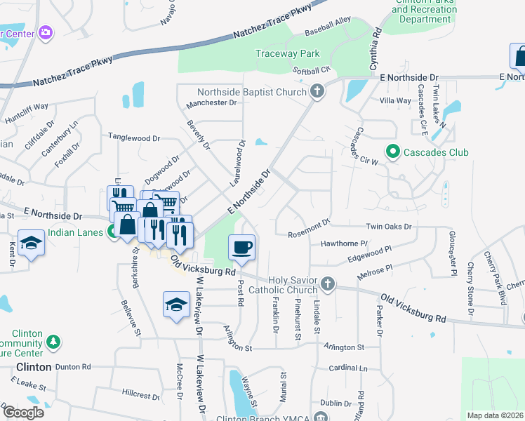 map of restaurants, bars, coffee shops, grocery stores, and more near 1023 Tanglewood Drive in Clinton