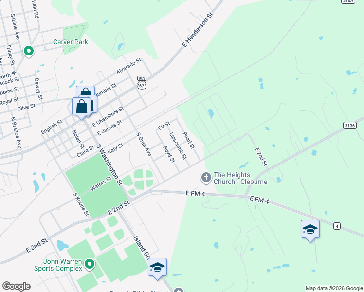map of restaurants, bars, coffee shops, grocery stores, and more near 306 Lipscomb Street in Cleburne