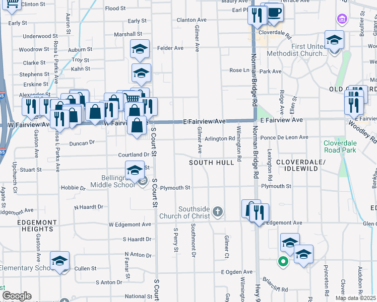 map of restaurants, bars, coffee shops, grocery stores, and more near 3204 Southmont Drive in Montgomery