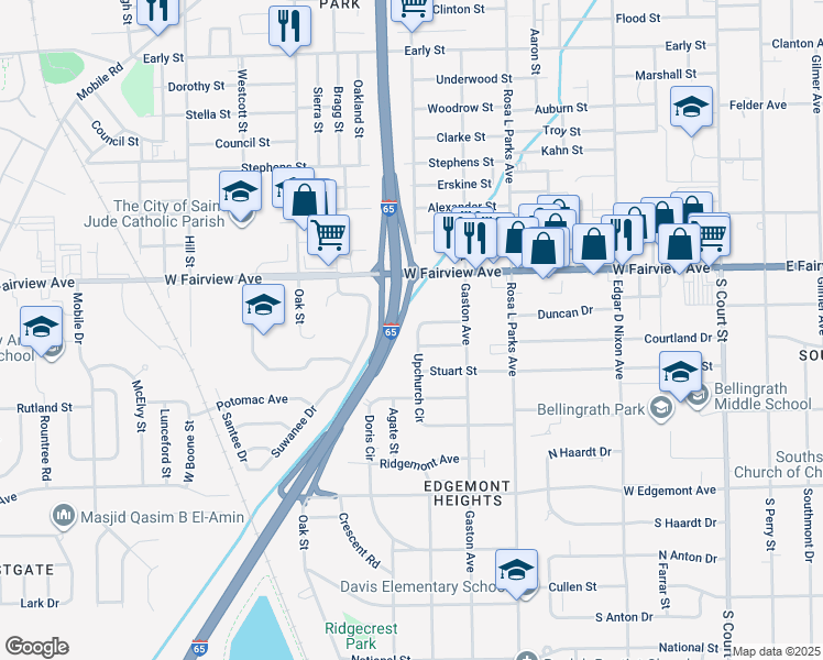 map of restaurants, bars, coffee shops, grocery stores, and more near 3130 Upchurch Circle in Montgomery