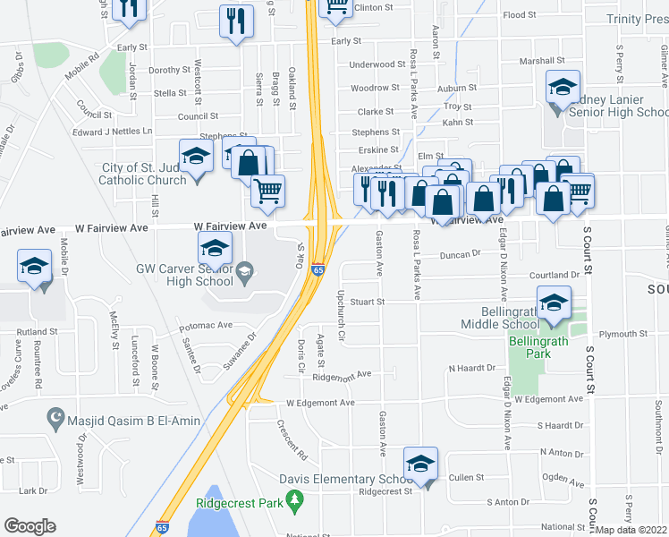 map of restaurants, bars, coffee shops, grocery stores, and more near 3130 Upchurch Circle in Montgomery