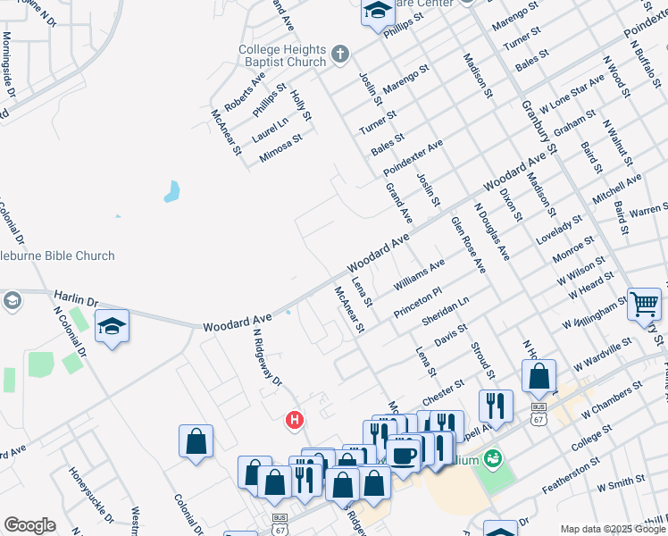 map of restaurants, bars, coffee shops, grocery stores, and more near 802 McAnear Street in Cleburne