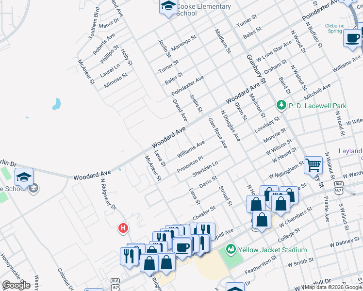 map of restaurants, bars, coffee shops, grocery stores, and more near 1113 Williams Avenue in Cleburne