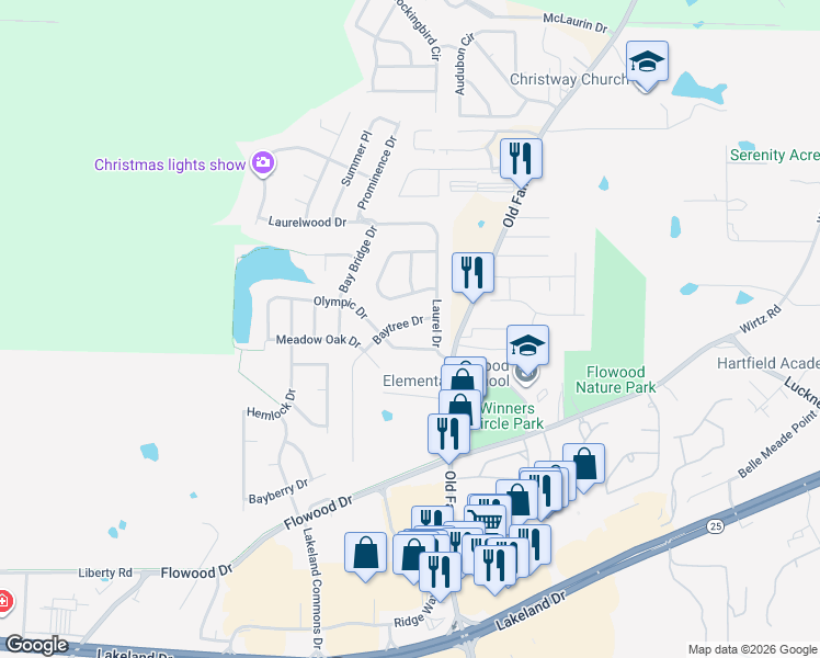 map of restaurants, bars, coffee shops, grocery stores, and more near 140 Williams Circle in Flowood