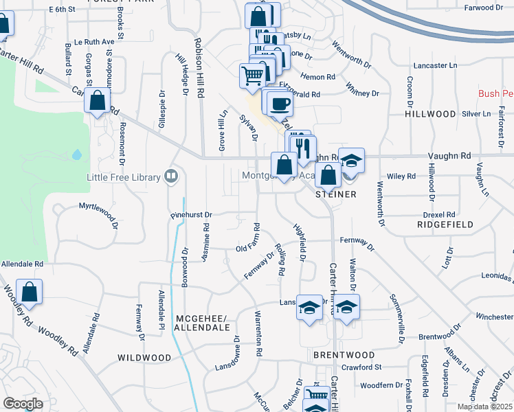 map of restaurants, bars, coffee shops, grocery stores, and more near 3013 Old Farm Road in Montgomery