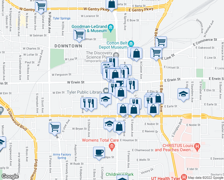 map of restaurants, bars, coffee shops, grocery stores, and more near 124 South College Avenue in Tyler