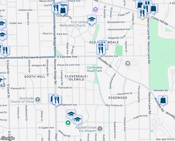 map of restaurants, bars, coffee shops, grocery stores, and more near 800-898 Ponce De Leon Avenue in Montgomery
