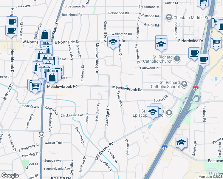 map of restaurants, bars, coffee shops, grocery stores, and more near 822 Meadowbrook Rd in Jackson