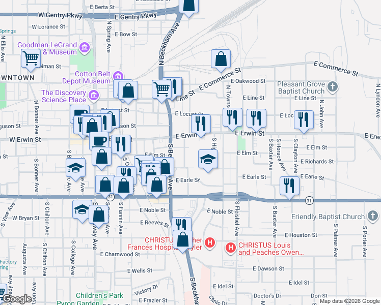 map of restaurants, bars, coffee shops, grocery stores, and more near 809 E Erwin St in Tyler