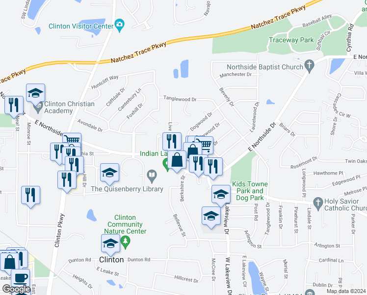 map of restaurants, bars, coffee shops, grocery stores, and more near 800 Dogwood Drive in Clinton