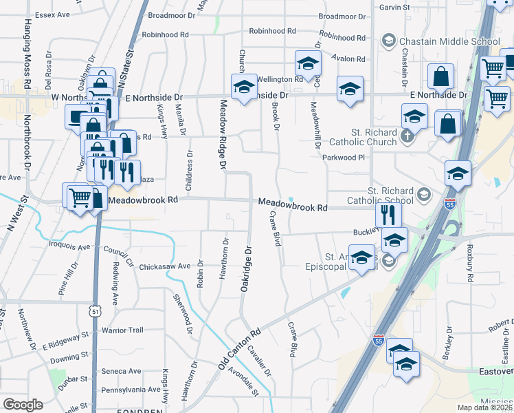 map of restaurants, bars, coffee shops, grocery stores, and more near 822 Meadowbrook Rd in Jackson