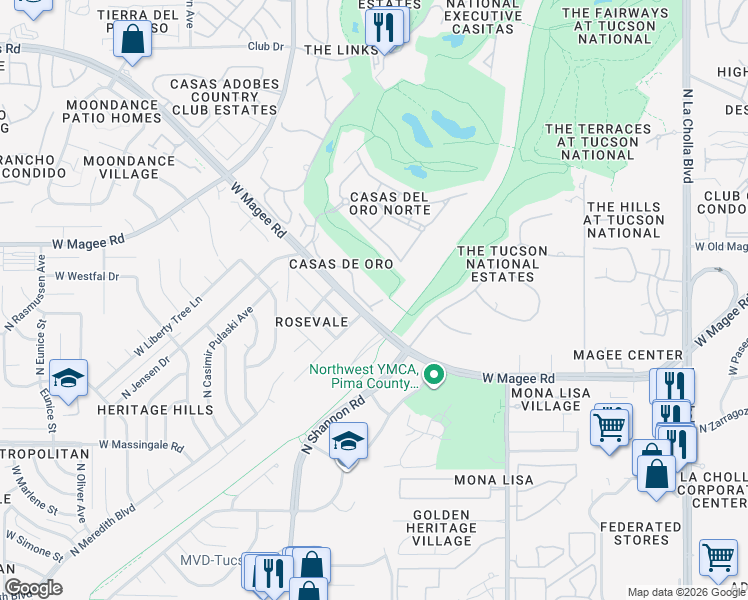 map of restaurants, bars, coffee shops, grocery stores, and more near 2702 West Magee Road in Tucson