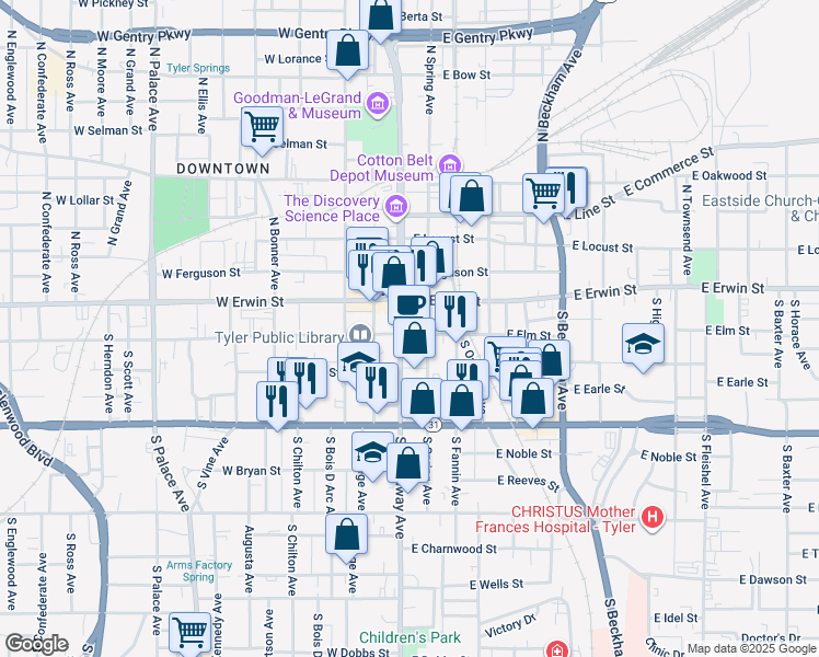 map of restaurants, bars, coffee shops, grocery stores, and more near 104 West Erwin Street in Tyler
