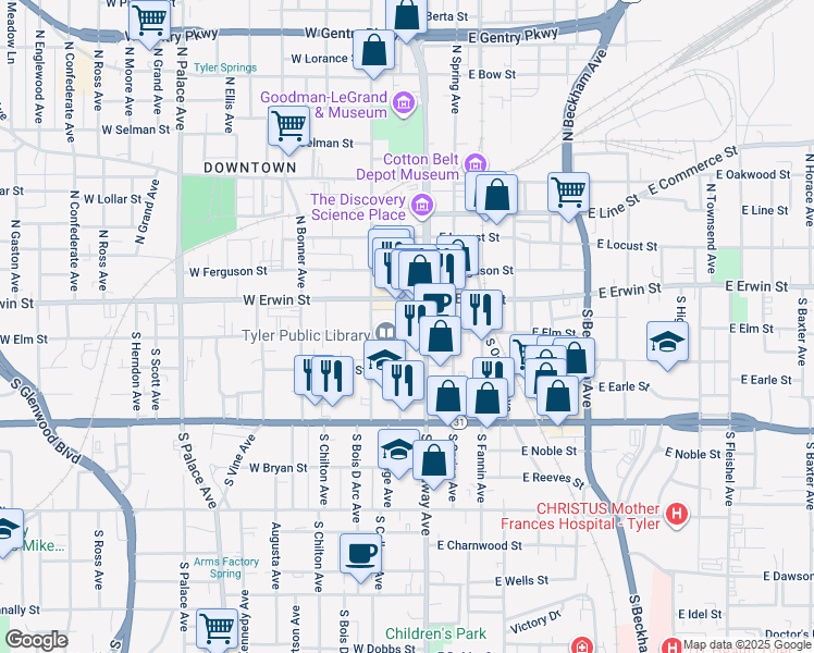 map of restaurants, bars, coffee shops, grocery stores, and more near 124 South College Avenue in Tyler