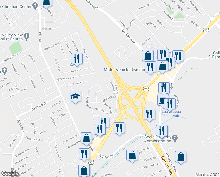 map of restaurants, bars, coffee shops, grocery stores, and more near 3453 Park Ridge Place in Las Cruces