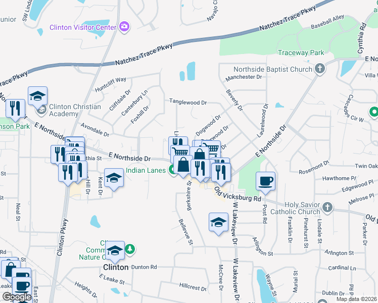 map of restaurants, bars, coffee shops, grocery stores, and more near 805 Dogwood Drive in Clinton