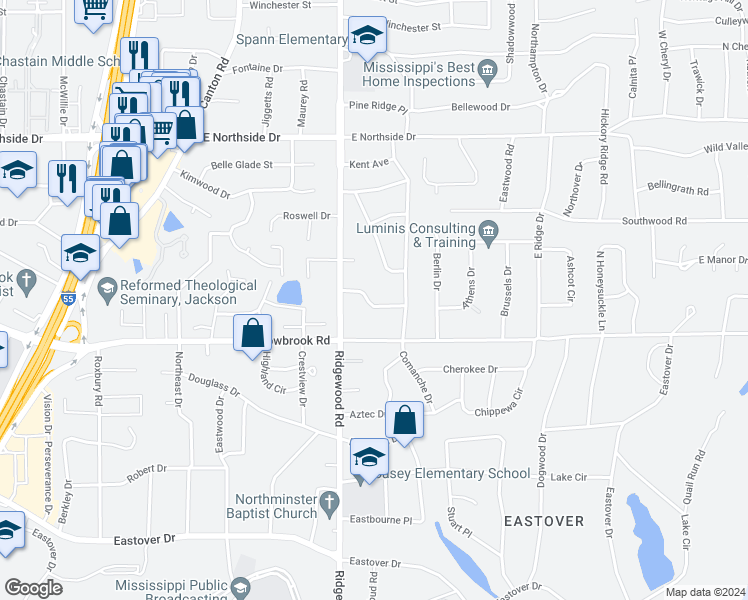 map of restaurants, bars, coffee shops, grocery stores, and more near 1850 Parkridge Drive in Jackson