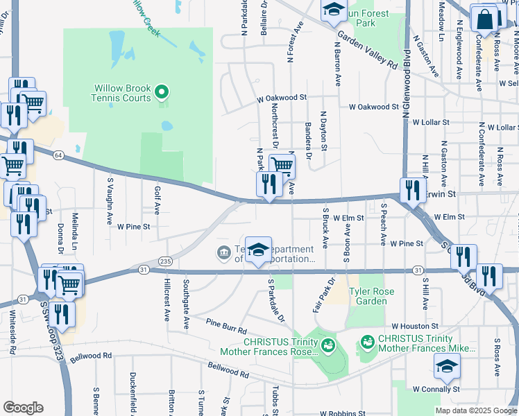 map of restaurants, bars, coffee shops, grocery stores, and more near 2500 West Erwin Street in Tyler