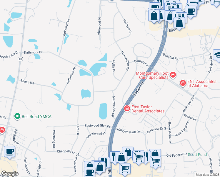 map of restaurants, bars, coffee shops, grocery stores, and more near 6666 Hollis Drive in Montgomery