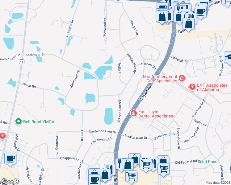 map of restaurants, bars, coffee shops, grocery stores, and more near 6666 Hollis Drive in Montgomery