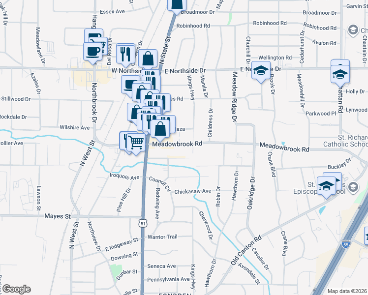 map of restaurants, bars, coffee shops, grocery stores, and more near 426 Meadowbrook Rd in Jackson