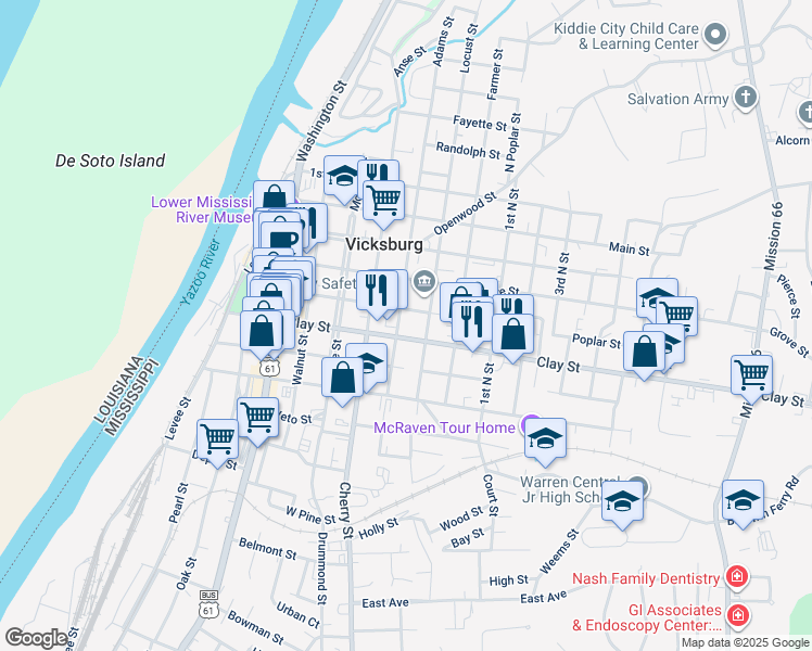 map of restaurants, bars, coffee shops, grocery stores, and more near 1000-1098 China Street in Vicksburg