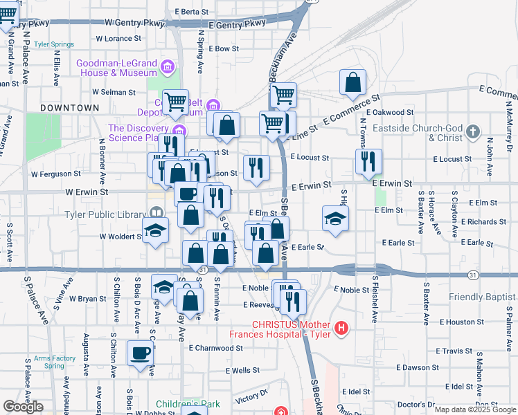 map of restaurants, bars, coffee shops, grocery stores, and more near 119 Adams Avenue in Tyler