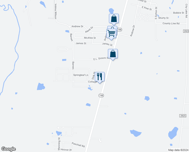 map of restaurants, bars, coffee shops, grocery stores, and more near 1432 South Dink Street in Mabank