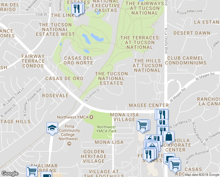 map of restaurants, bars, coffee shops, grocery stores, and more near 7905 North Porto Fino Circle in Tucson