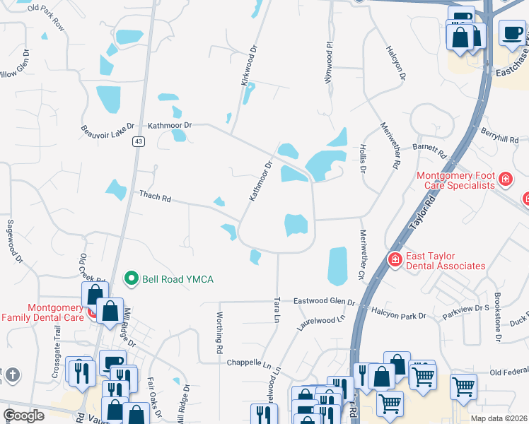 map of restaurants, bars, coffee shops, grocery stores, and more near 6600 Kathmoor Drive in Montgomery