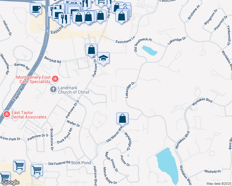 map of restaurants, bars, coffee shops, grocery stores, and more near 8548 Westhampton Ct in Montgomery