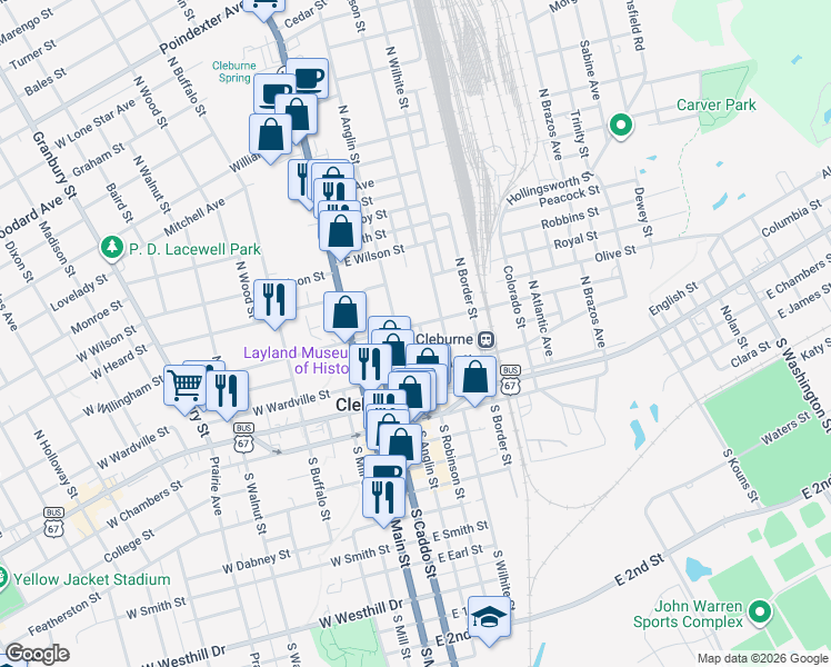 map of restaurants, bars, coffee shops, grocery stores, and more near 305 East Willingham Street in Cleburne