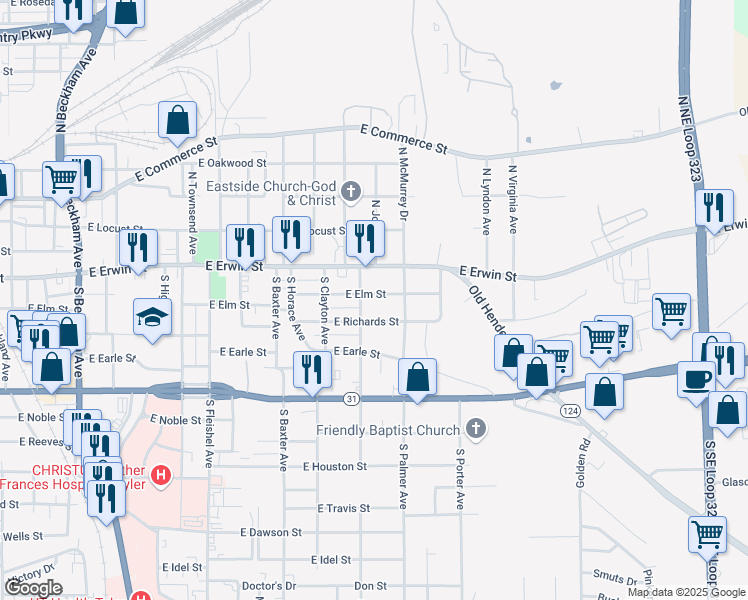 map of restaurants, bars, coffee shops, grocery stores, and more near 1601 East Elm Street in Tyler