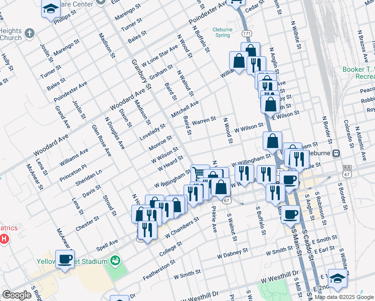 map of restaurants, bars, coffee shops, grocery stores, and more near 419 West Wilson Street in Cleburne