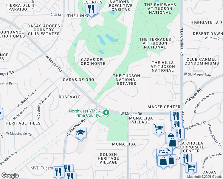 map of restaurants, bars, coffee shops, grocery stores, and more near 7861 North Tuscany Drive in Tucson