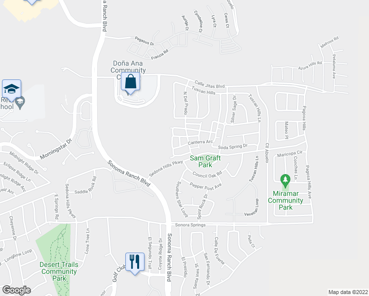 map of restaurants, bars, coffee shops, grocery stores, and more near 4112 Canterra Arc in Las Cruces