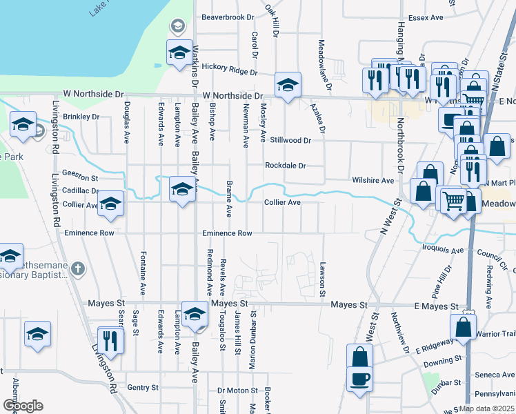 map of restaurants, bars, coffee shops, grocery stores, and more near 540 Collier Avenue in Jackson